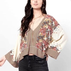 Free People Floral V-Neck Blouse - Cream and Brown
